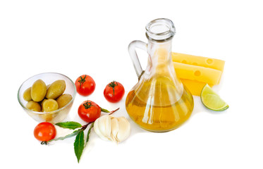 Olive oil and tomatoes isolated on white background