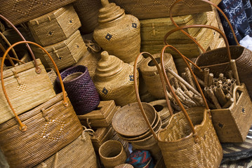 Straw bags and baskets in a market