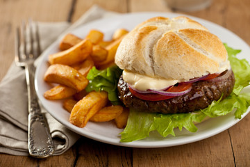 Hamburger with fries