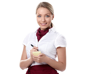 An attractive young waitress on a white background