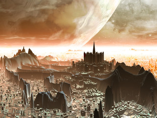 Planet-rise over Futuristic Alien Metropolis © Angela Harburn