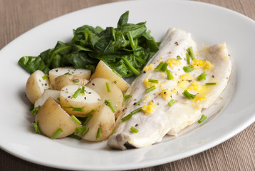 Seabass with new potatoes and spinach