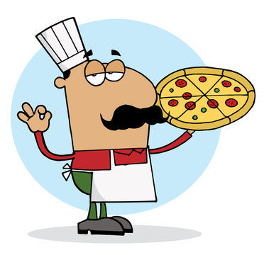 Hispanic Chef Man Showing Pizza