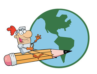 Man Riding On A Giant Pencil Over A Globe