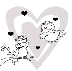 Outlined Mascot Cartoon Character Pair of Love Birds