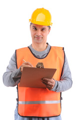 Construction worker with clipboard on hand over white background