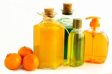 cosmetics in bathroom and oranges