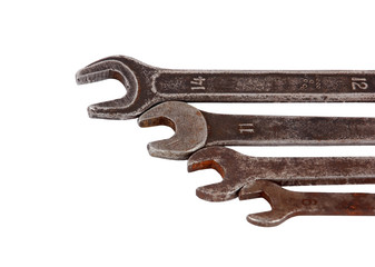 Old rusty wrench, isolated on white background