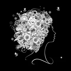 Crédence de cuisine en verre imprimé Femme fleurs Silhouette de profil féminin, coiffure florale pour votre conception