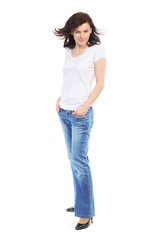 Full-length portrait of beautiful girl in jeans