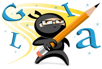 Ninja writer holding pencil while doing magical letters © mmg1design