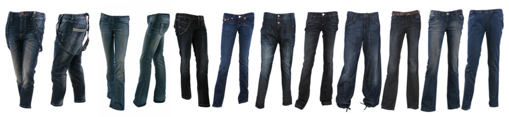 Collection of various types of blue jeans trousers