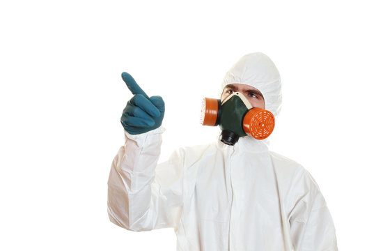 Man in protective suit a respirator. Isolated