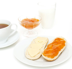 tea, bread, cheese, milk and jam
