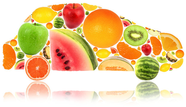 Car made of fruit isolated on white