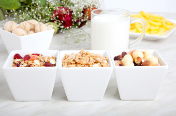 Breakfast of muesli with dried fruit, nut, cornflakes