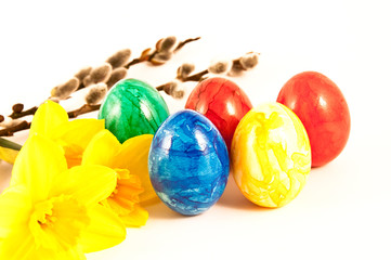Easter painted eggs and daffidol flowers.