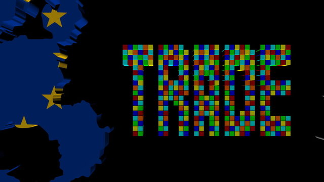 trade text EU and Korean map flags animation