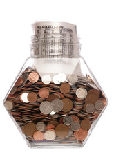 Money bag with sterling coins in a jar