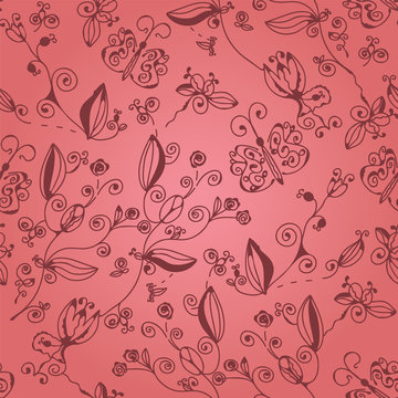 Pink ornate floral seamless pattern with butterflies