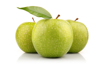 Three green apple fruits with leaf isolated on white