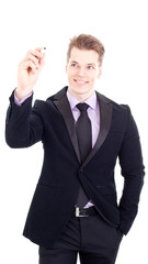 Businessman writing something on a whiteboard, isolated