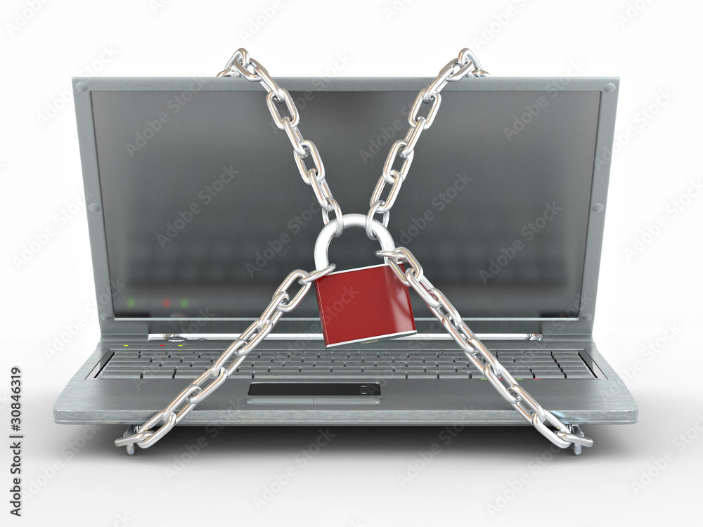 Aufkleber laptop with chains and lock on white isolated background