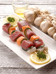 tuna and salmon skewers