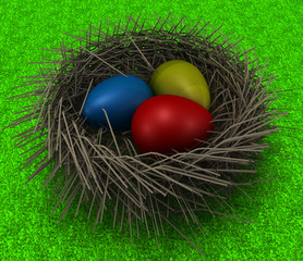 Easter Eggs in a Nest on grass.3D render of a decoration motive.