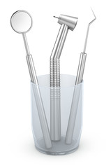 Dental instruments: mirror, probe and drill. Isolated on white