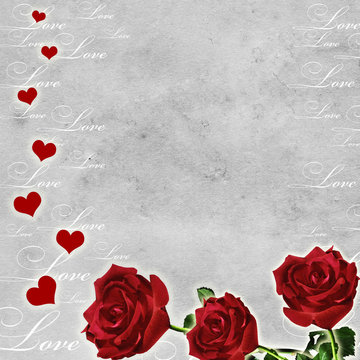 love card with red rose on white grunge  background and text lov