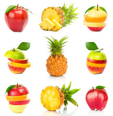 Fresh slice pineapple and apple on white background. Set.