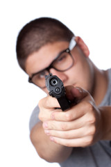 Teenage Guy Pointing a Gun