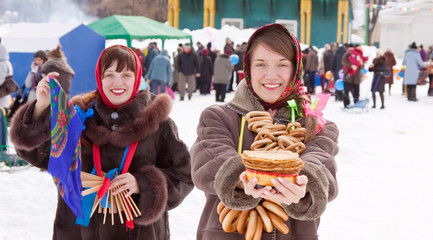 girls celebrating  Shrovetide  at Russia