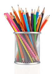 colorful pencils in holder isolated on white