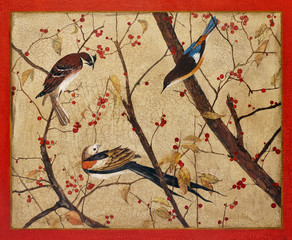 Painting. Colorful birds on branches with red berries
