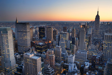 New York City Manhattan skyline panorama sunset aerial view with