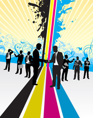 business people on an abstract cmyk splash background