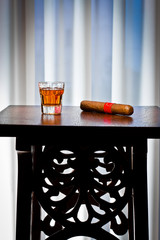 whiskey drink and cigar on old wood