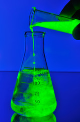 Fluorescence liquid falling in flask