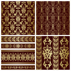 Set of seamless and borders from abstract gold plant