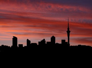 Auckland skyline at sunset with beautiful sky illustration