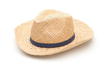 A straw hat with blue strap