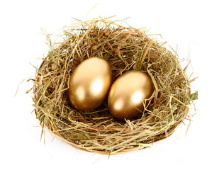 Three golden hen's eggs in the grassy nest isolated on white