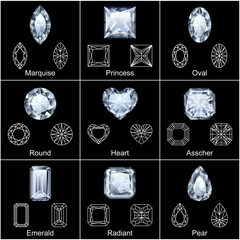 Set of variously shaped realistic diamonds