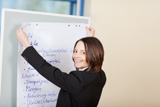 junge frau pr&auml;sentiert ideen am flipchart