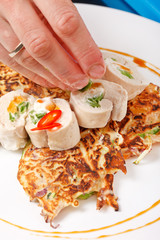 vegetable pancakes with chicken fillet