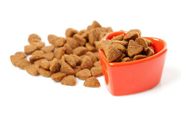pile of dry cat food over white background