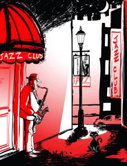 Papier Peint photo Lavable Art Studio joueur de saxophone dans une rue la nuit