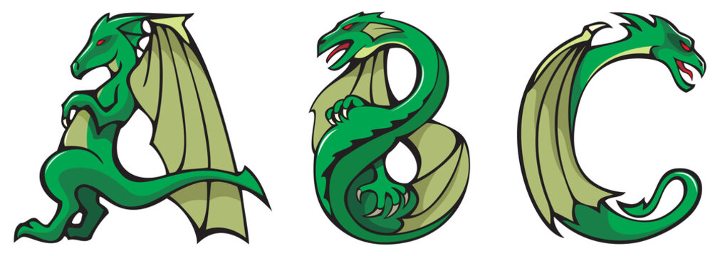 Series of dragons alphabet, letters ABC, fantasy font, vector